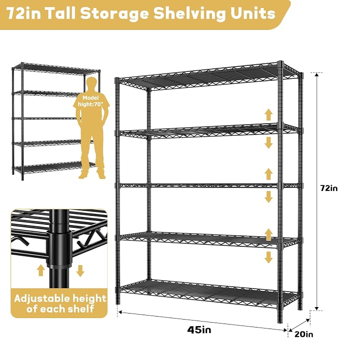ROOMTEC 5-Tier Wire Shelving Unit,45" W*20" D*72" H,Max Load 2000LBS | Heavy Duty Garage Shelving, Adjustable Storage Shelves, Metal Shelf Rack for Kitchen, Laundry, Pantry, Warehouse, Basement