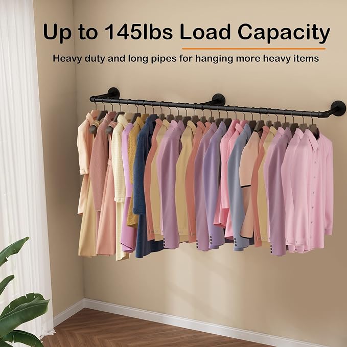 Wall Mounted Clothes Rack 72.5in, Industrial Pipe Clothing Racks Wall Mount, Heavy Duty Detachable Iron Garment Bar, Saving Space, Multi-Purpose Hanging Rod for Bedroom, Laundry Room, 2 Packs