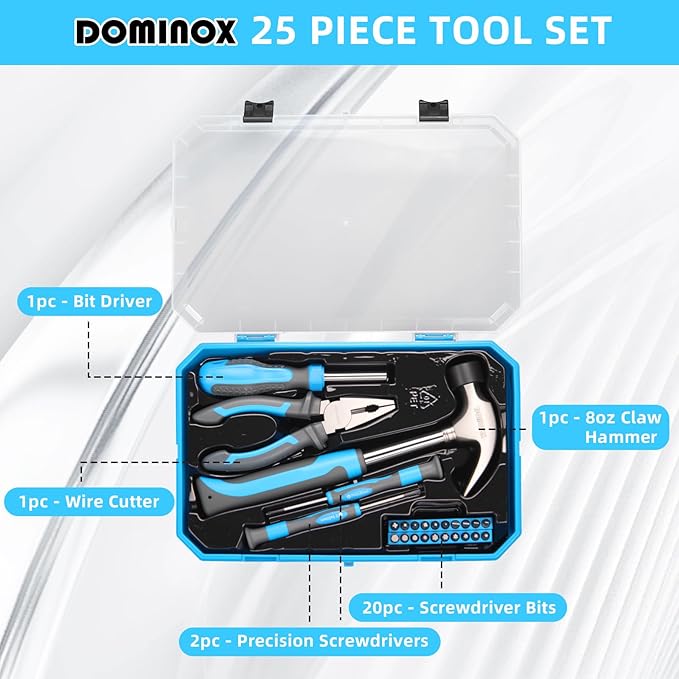 DOMINOX 25 Piece General Household Tool Set with Plastic Storage Toolbox, tool box for Home, Garage, Office