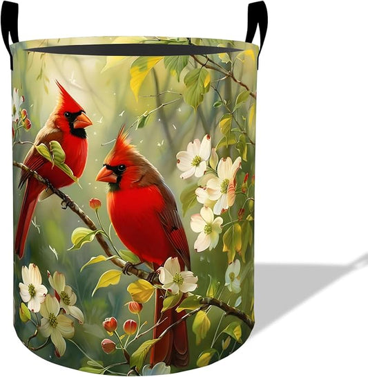 Red Cardinal Bird Laundry Basket Hamper 19.7"x15.8", Organizer Bins Gifts for Kids Boys Girls, Wildlife Foldable Waterproof Oxford Clothes Storage Bucket for Bedroom Bathroom Decor