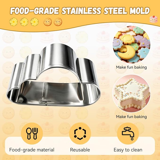 5Pcs Stainless Steel Cookie Cutters, Food Grade 5 Shapes | Kid-safe stainless steel; Star/moon/sun/cloud/rainbow shapes; For cookies, pancakes, playdough; Rolled edges.