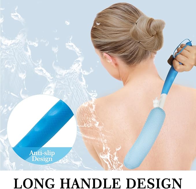 Back Scrubber for Shower, 15.35" Long Handle Shower Brush for Body, Back Brush for Shower for Men Women, Long Handled Bath Sponge for Deep Clean, Exfoliating, Anti-Slip Curve Handled Back Scrubber