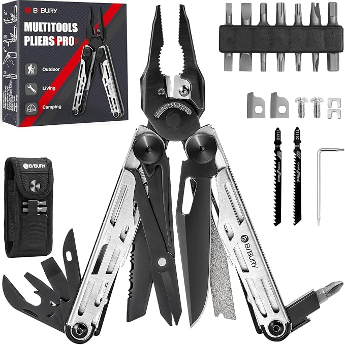 BIBURY 31-in-1 Multitool Pliers Pro BI2045,EDC Pocket Knife & Scissors | Stainless Steel Multi Tool with Replaceable Wire Cutters, Saw, Screwdriver, Ideal for Camping,Survival,Repair, Gifts for Men