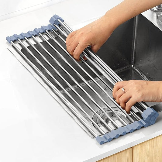 Over The Sink Dish Drying Rack, Roll Up Dish Drying Rack Kitchen Dish Rack Stainless Steel Sink Drying Rack, Foldable Dish Drainer, Gray (20.4''x13.7'')
