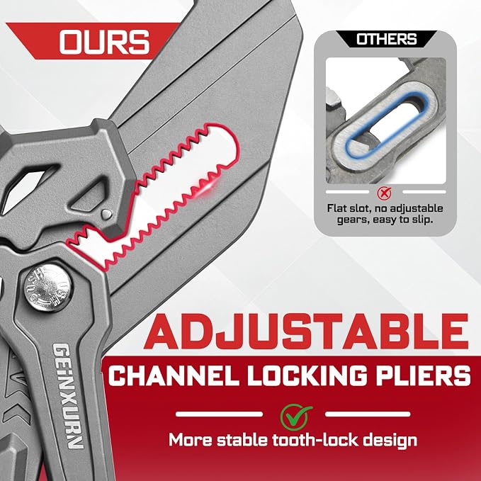 10-Inch Pliers Wrench, 2PCS Smooth V-Jaw Pliers with 19-Position Push-Lock, Fast Adjustable Slip Joint Pliers Set for Plumbing, Home Repair, and Pipe Fittings