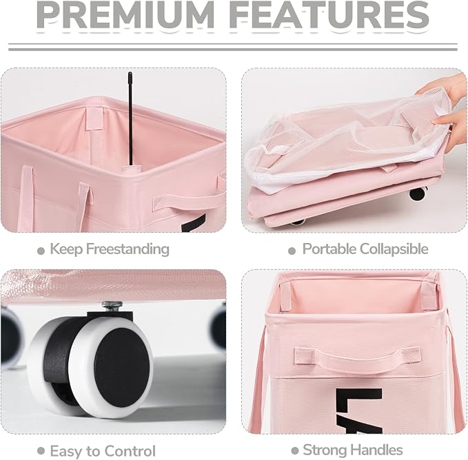 CHICVITA 75L Laundry Hamper with Wheels 2-Pack, Wash Bags, Pink | Collapsible rolling baskets with carry handles for corner dorm rooms. Removable wash bags, easy clean