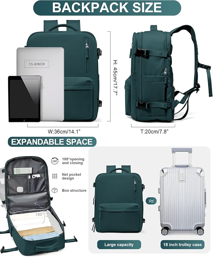 WONHOX Large Travel Backpack Women,Carry On Backpack Flight Approved 18x14x8 inches Bag Spirit Airlines Personal ltem,College Sports Hiking Rucksack Laptop Blackpack mochila de viaje,PeacockBlue