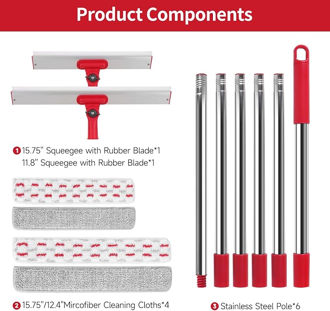 86.6" Window Squeegee for Home, Squeegee for Window Cleaning Kit with 6-Section Adjustable Long Handle, 16" & 12" Glass Scraper Squeegee for Shower Glass Doors & Windshield, Includes 4 Microfiber Pads