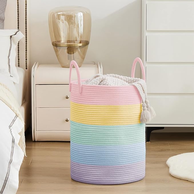 YOUDENOVA Cotton Rope Laundry Hamper Basket, 58L Blanket Basket for Nursery