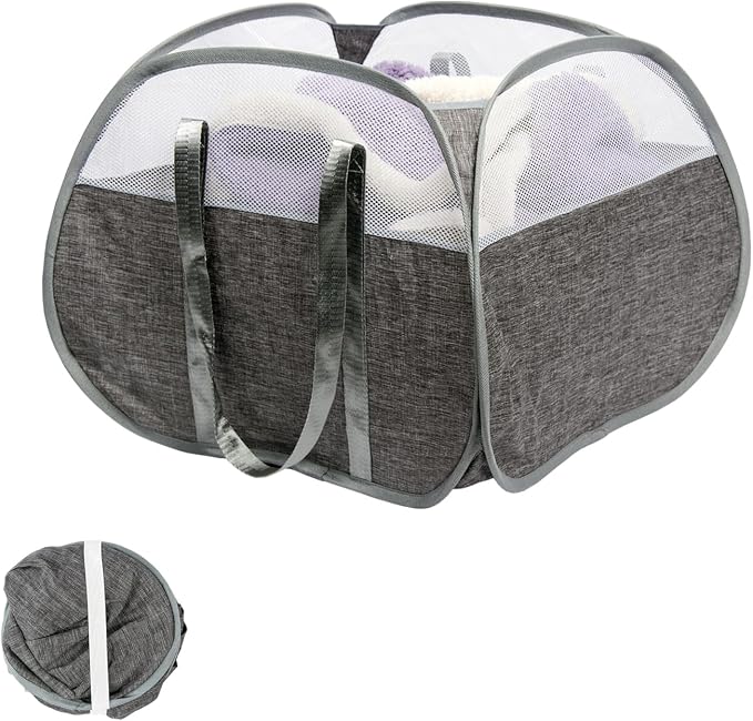 Collapsible Laundry Basket, 90L Tear Proof Mesh Pop-up Hamper | Foldable Storage Clothes Bag with Reinforced Handles for Laundry, Bathroom, Dorm, Travel, Camping, Space-saving, Gray