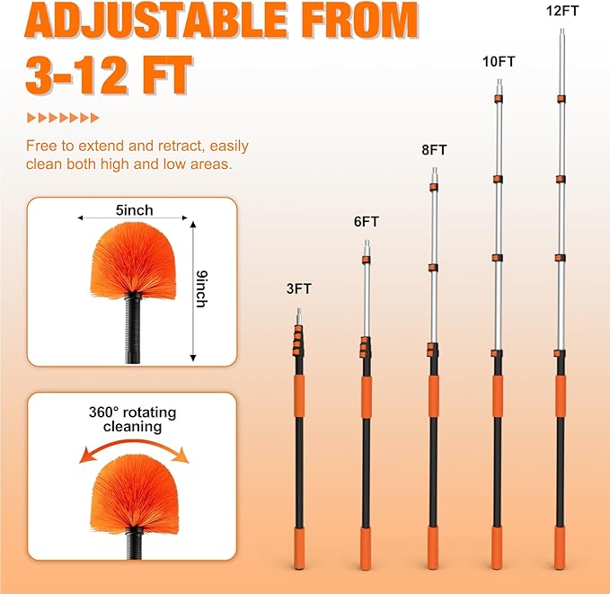 LAANPOLE 12FT Cobweb Duster with Extension Pole, Spider Web Brush for Cleaning Extendable, Professional Ceiling and Corner Dusters for Outdoor Indoor Use