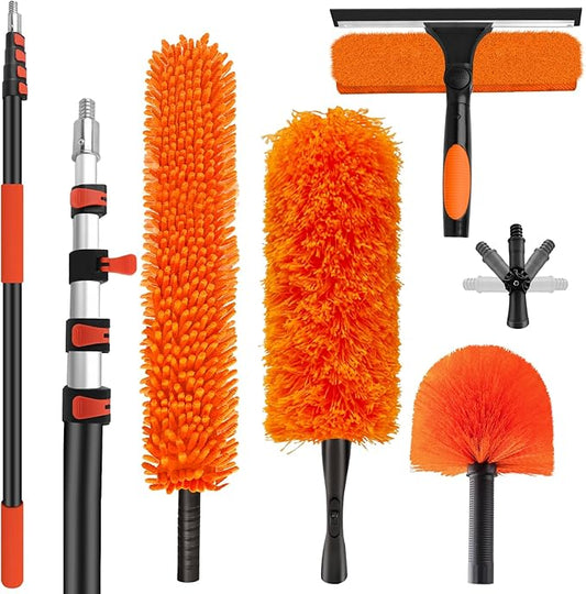 18FT High Reach Duster Cleaning Kit with 3-12 FT Extension Pole | High Ceiling Dusting and Window Cleaning Kit with Microfiber Feather Duster,Cobweb Duster,Ceiling Fan Duster,Window Squeegee