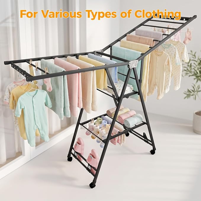 Clothes Rack, 3-Tier Drying Hanger, for 30 Pieces+, Foldable and Space Saving, Portable, Indoor or Outdoor Use, Solid Metal Clotheshorse, Nice for Mum, Gray(1.6 m Wing Length)