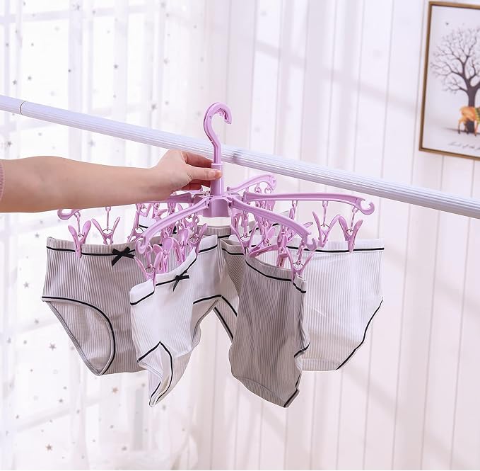 Clothes Drying Hanger with 24 Clips,Foldable Hanging Rack 2 PCS | for Drying Socks Lingerie Baby Clothes Drying Towels Rotatable Sock Drying Rack with 24 Pegs Clips(Pink)