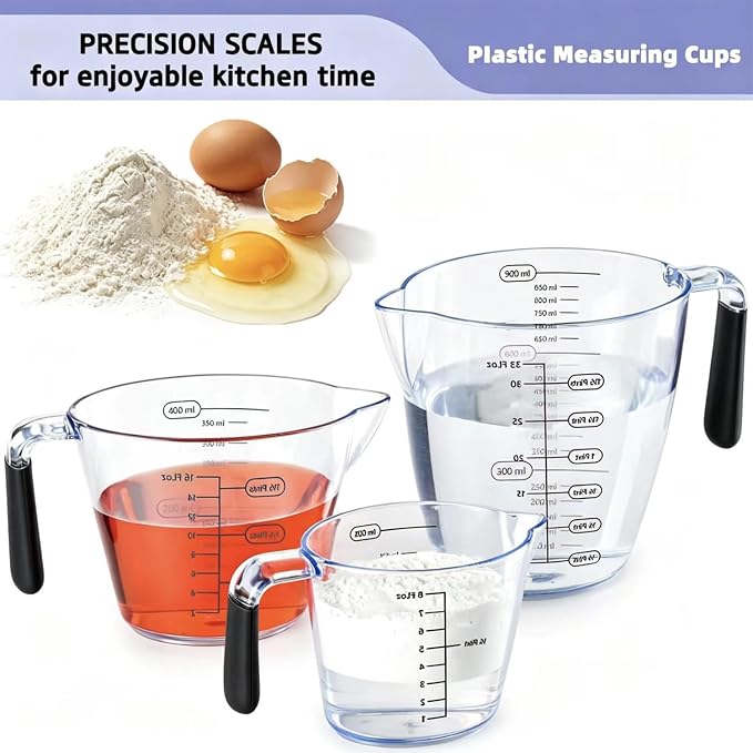 Measuring Cups,3 Pcs Plastic Measuring Cups(1, 2 & 4 Cup),Liquid Measuring Cups For Prepping, Baking and Cooking, Preheated Oven, Dishwasher, Freezer, and Microwave Safe