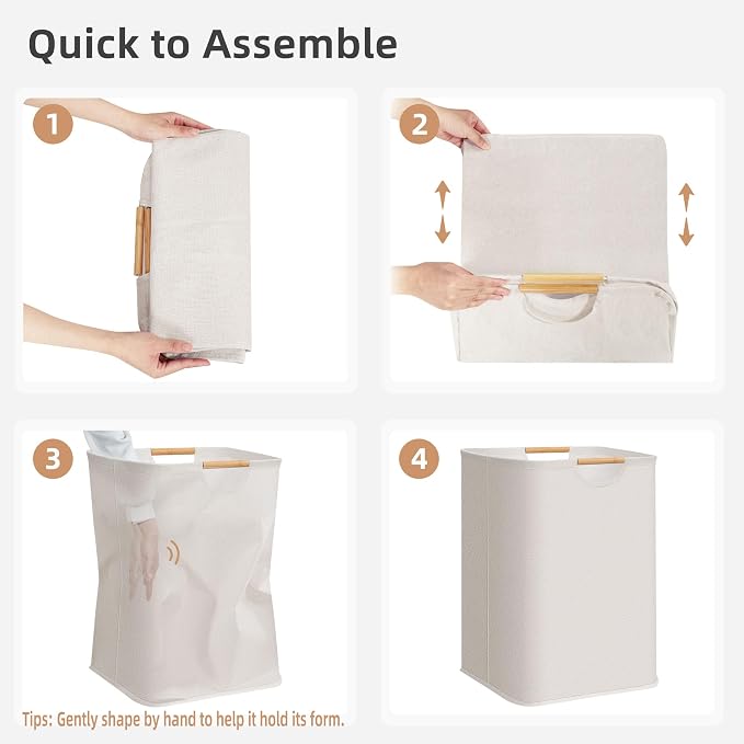 STORAGE MANIAC 2-Pack Collapsible Laundry Hamper with Bamboo Handles | 80L (21.1 Gal) Large Laundry Hamper, Freestanding Waterproof Clothes Hamper for Laundry Room, Bedroom, Dorm, Towels, Beige