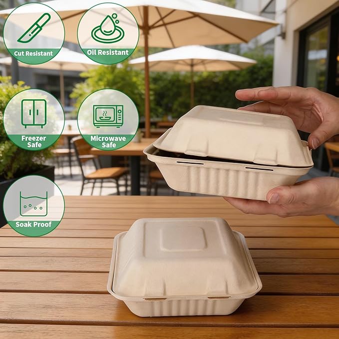 Aricsen Compostable 1 Compartment 50 Pack 8×9 Inch Takeout Lunch Box Containers with Lid To Go Take Out Clamshell for Food, Disposable Eco-Friendly Biodegradable Bagasse, PFAS-Free, Brown