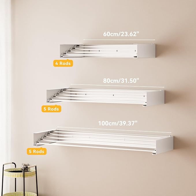 Clothes Drying Rack Wall Mounted - 40" Large Stainless Steel Laundry Drying Rack Collapsible, 60LBS Heavy Duty Retractable Hanger, 5-Rod Tiered Foldable Rack for Indoor