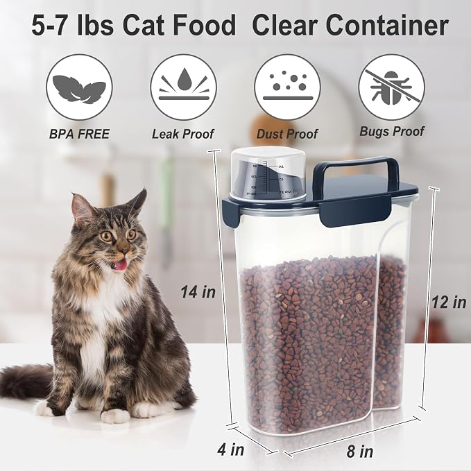 Dog Cat Food Storage Container, Pet Food Pourable Container Airtight with Large Spout & Cup, BPA-Free Plastic Food Dispenser for Pet Food, Bird Seed, Rice, Flour (Ink Blue, 5L)