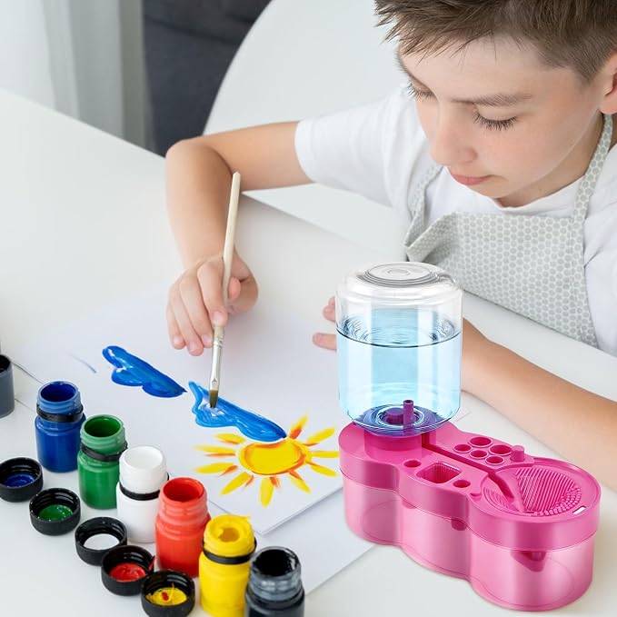 Paint Brush Cleaner for Kids Water Circulation Paint Brush with Drain Paint Water Dispenser with Palette Brush Holder Paint Brush Washer for Acrylic Painting Watercolor Art Supplies（Pinkpurple）