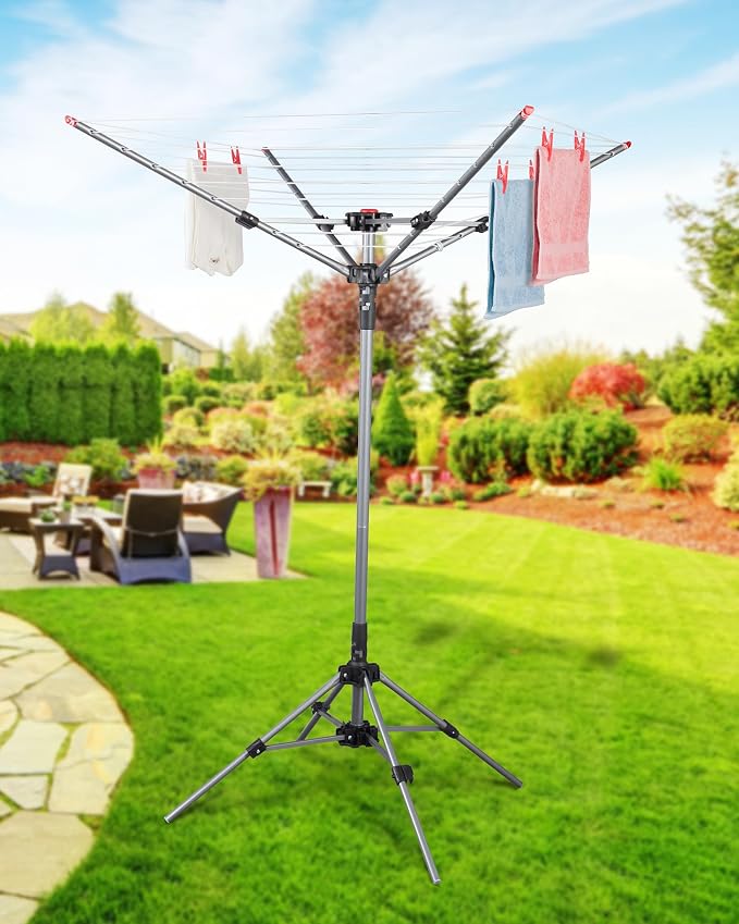 STORAGE MANIAC Portable Umbrella Clothes Drying Rack 8 Lines with 82 Feet Drying Space, Steel Frame & Adjustable Height, 4-arm Umbrella Clothesline for Laundry, Collapsible Indoor & Outdoor Drying