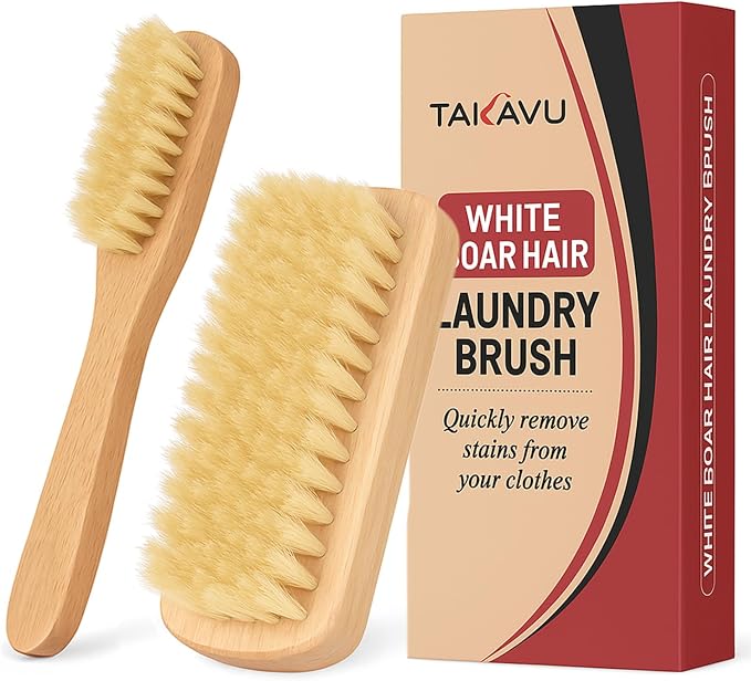 TAKAVU Laundry Brush Set, Soft Boar Bristle and Compact Wood Handle | Gentle on Delicate Fabrics, Stain Scrub Brush for Clothes, Delicate Knits, Washable Spot & Garment Care Cleaner