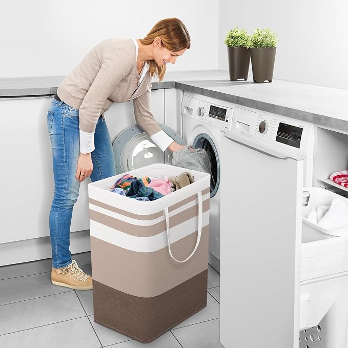StorageRight Laundry Basket Hamper, 75L Collapsible Clothes Storage, Khaki | Freestanding Clothes Hampers, Foldable design, with Easy Carry Handles, For Laundry, Bedroom, Dorm, Clothing, Towels, Toys