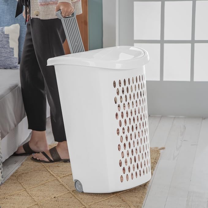 White Wheeled Plastic Laundry Hamper with Comfort Handle & Rolling Wheels, Portable Dirty Clothes Storage Bin for Bedroom Bathroom Laundry Room, Easy Transport