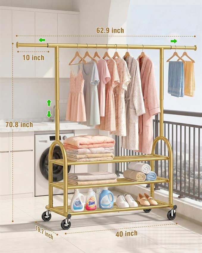 EAGMAK Heavy Duty Clothes Rack for Hanging Clothes Load 688 LBS, Height Adjustable Rolling Clothing Racks, Portable Metal Coat Rack Garment Wardrobe with Wheels and 3 Shelves for Bedroom, Gold