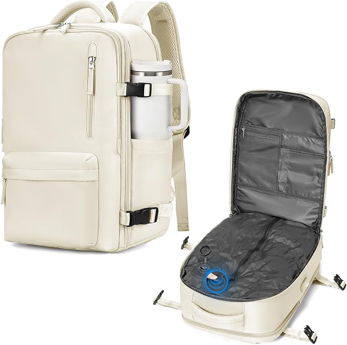 WONHOX Vacuum Seal Backpack for Travel with Air Pump 18x14x8 inches Vacpack Carry on Flight Approved Compression Daypack Laptop Space Saver Bag Storage with Vacuum System Travel Bags Women Beige