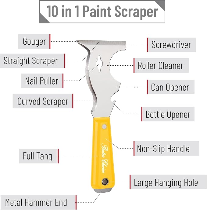Bates- Paint Scraper, 10 in 1 Painters Tool, Yellow Handle Paint Scrapers for Wood, Painters Tool, Painters Knife, Paint Scraper for Painting, Putty Knife, Metal Scraper, Spackle Knife, Putty Scraper