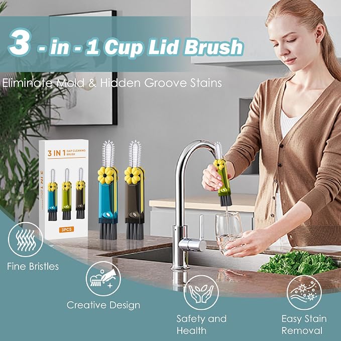 3 in 1 Cup Lid Gap Cleaning Brush Set, 3Pcs Multifunctional Bottle Cleaning Brush,Cup Lid Gap Cleaner, Home Kitchen Crevice Brush Tools
