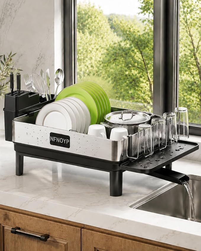 Dish Drying Rack, 304 Stainless Steel Dish Rack and Drainboard Set, Rustproof Dish Drainer with Anti-Pooling Automatic Drainage, Large Capacity Kitchen Counter Organizer, Black