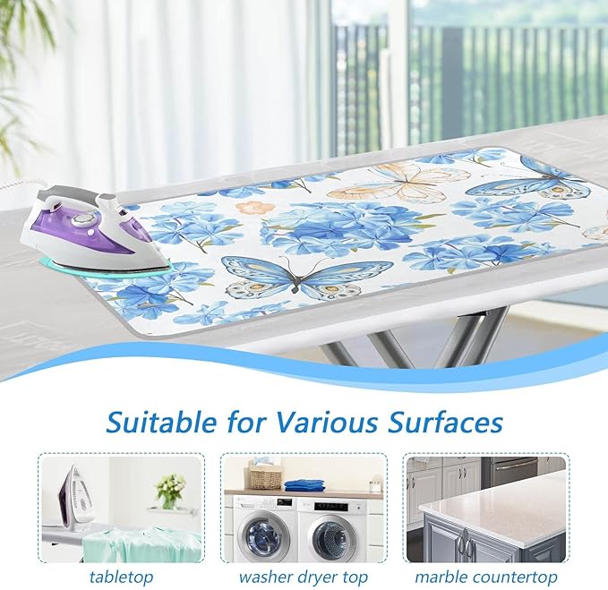 Blue Floral Butterfly Ironing Mat Portable Ironing Pad Blanket with Silicone Iron Rest for Table Top Travel Heat Resistant Double-Side Using Large 47x28 Inch Foldable