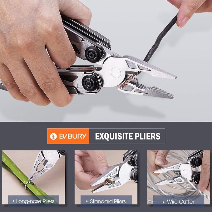 BIBURY 18-in-1 Multitool Pliers with Titanium-Plated Handle & Safety Hammer | Safety Locking, Nylon Sheath, Pocket Knife, Ideal for Outdoor, Survival, Camping, Hiking, Home Repair, Gift for Men