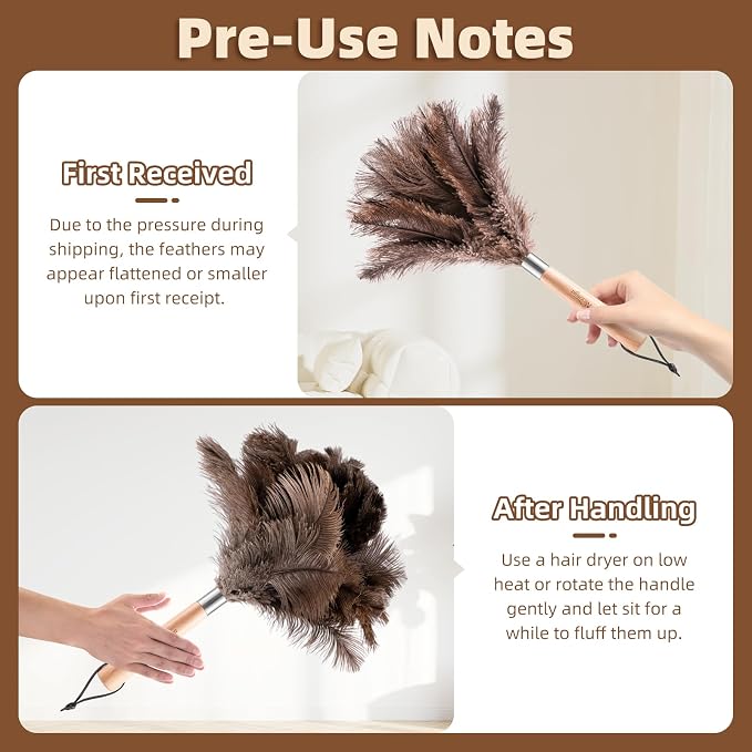 2 Pack Ostrich Feather Dusters for Cleaning with Wooden Handle, 13.5 inch | Natural Fluffy Ostrich Feathers, Washable & Reusable Dusters, Soft Cleaning Tools for Home, Car, Delicate Surfaces