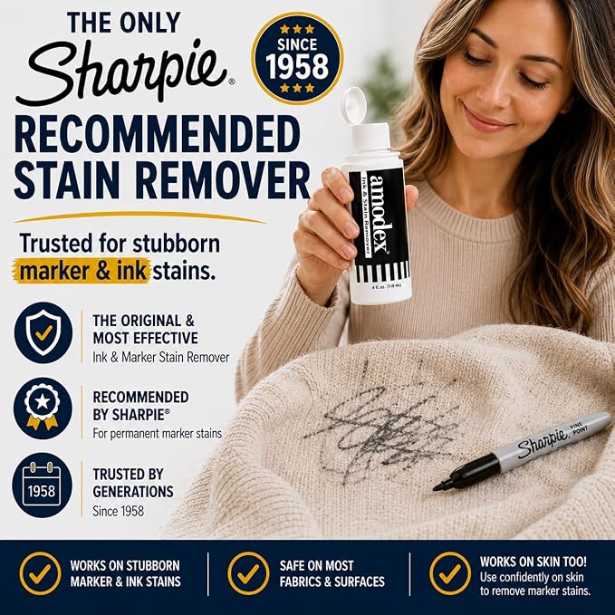Amodex Ink & Stain Remover for Clothes, Leather and Skin - Removes Ink, Ballpoint, Sharpie, Grease and More, Works on Set-in Stains, Gentle but Powerful, 4oz/120ml Bottle (Pack of 2)