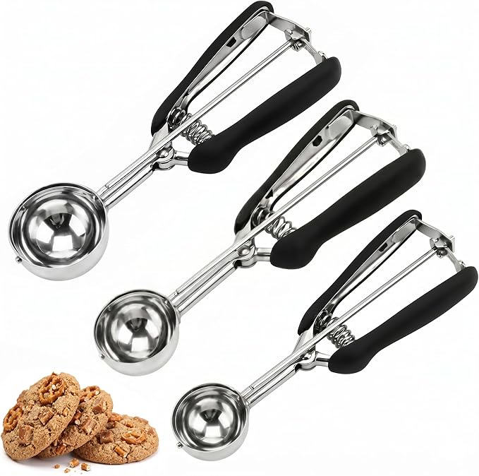 Cookie Scoop Set, 3Pcs Ice Cream Scoop, Cookie Scoops for Baking Set of 3, 18/8 Stainless Steel Cookie Scooper for Baking, Ice Cream Scooper with Trigger Release, Cookie Dough Scoop with Non-slip Grip