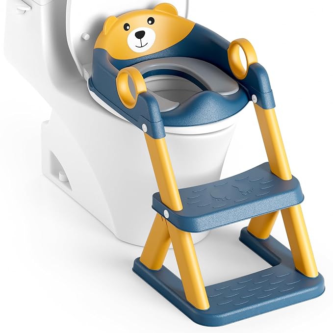 Potty Training Seat, Upgrade Toddler Toilet Seat for Kids Boys Girls, 2 in 1 Potty Training Toilet, Splash Guard Anti-Slip Pad Step Stool(Blueyellow-Pu)