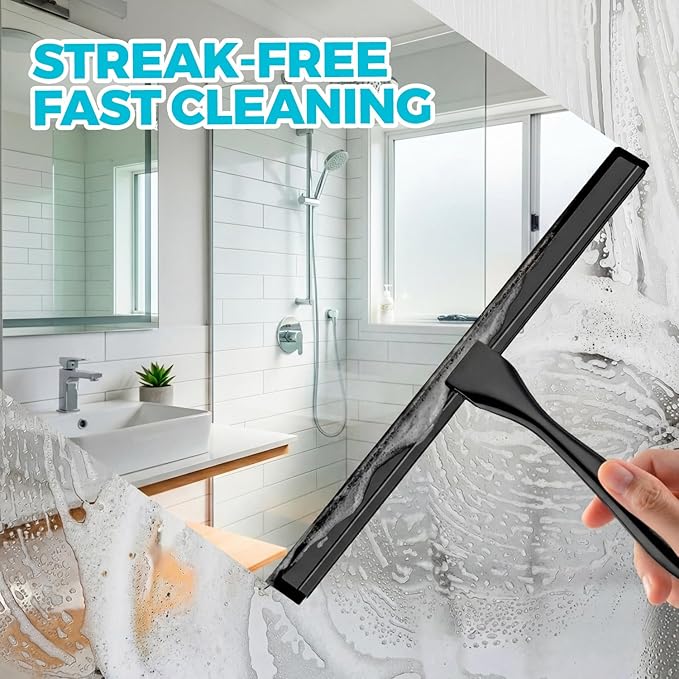 ALFLOD 2pcs Shower Squeegee for Glass Doors with Adhesive Hanging Hook Set | 10” black, bathroom accessories, window cleaner, new home essentials, soft rubber blade, metal handle, ergonomic grip