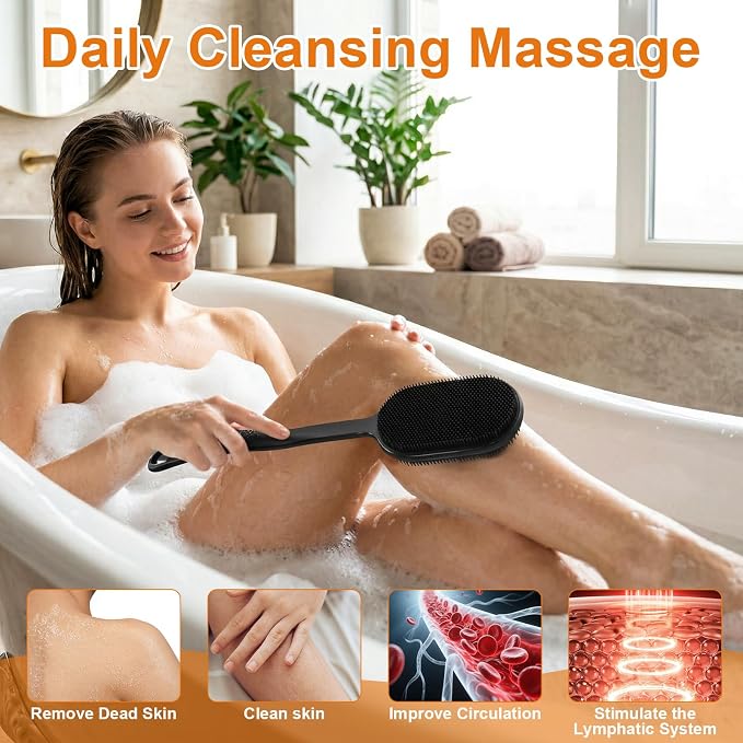 Silicone Back Scrubber for Shower, Long Handle Silicone Body Scrubber with 5.4" Wide Brush Head, Double Sided Back Brush for Shower Exfoliating Massage, 16.5" Silicone Back Brush for Men & Women
