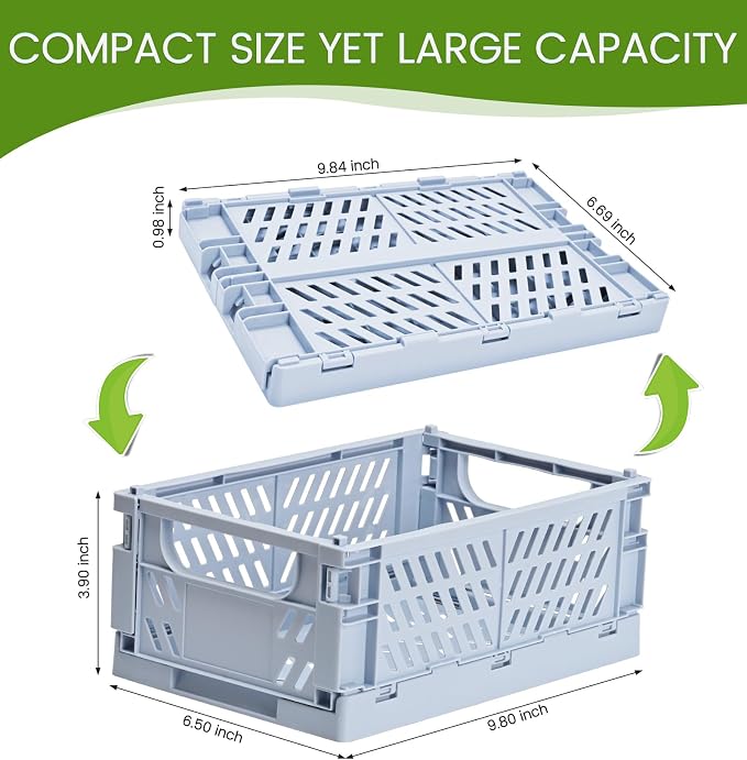 HUUSMOT 4-Pack Collapsible Plastic Storage Baskets, Blue, 9.8"x6.5"x3.8" | Pastel, Space-Saving, Collapsible Plastic Bins, Cute Mini Storage Crates, for Classroom, Kitchen, Office, Bedroom