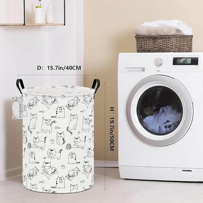 Round Laundry Basket Collapsible Storage Hamper Organizer Cat | Waterproof Canvas Foldable Baskets with sturdy Handles Multi-scene Organizer for Home Play Bedroom Gift Bin
