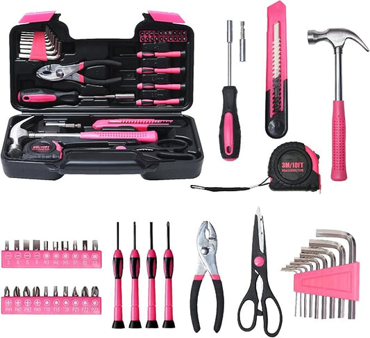 39 Piece Basic Tool kit for Women, All Purpose Pink Tool ser Household Hand Tools with Toolbox for Home Repairs, College Dorm Essentials, DIY Crafts & Gifts