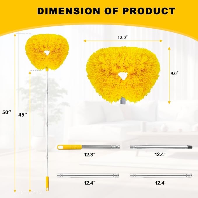 Ceiling Fan Cleaner Duster Reusable Microfiber Ceiling Fan Blade Cleaner Removable Duster with Extension Pole Adjusts 13 to 49.7 Inch for Cleaning Walls Bookshelves Furniture Door Window Top (Yellow)