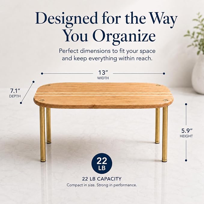 Ibyx Cabinet Organizer Set of 2 - Kitchen Pantry Organizers and Storage with Bamboo Top & Brass-Effect Metal Legs - for Kitchen Counter & Stackable Shelves for Cabinets with 22 lb Capacity - Brown