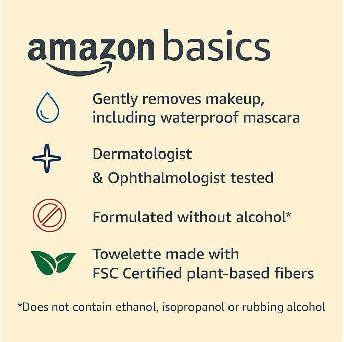 Amazon Basics Makeup Remover Wipes, Gentle Cleansing, Dermatologist Tested, pH-Balanced, Plant Based, Alcohol-Free, Removes Waterproof Mascara, 25 Count, 2-Pack