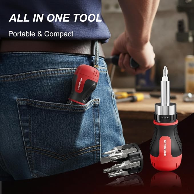 8 in 1 Stubby Ratcheting Screwdriver Multi Short Screw Driver Set | 6 CRV Bits Phillips, Slotted, Torx, Portable All-in-One Repair Tool Kit for Home DIY Tables, Doors, Chairs, Portable Tools