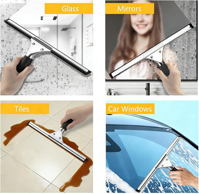 14-inch Squeegee for Shower Glass & Window Cleaning, Professional Stainless Steel Squeegee with Durable Handle for Streak-Free Glass, Mirror, Tile & All Smooth Surfaces
