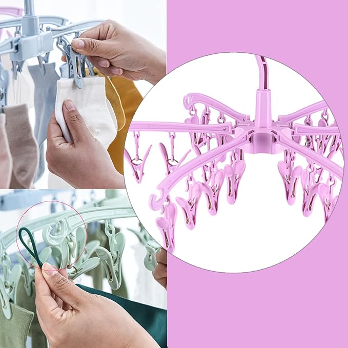 Clothes Drying Hanger with 24 Clips,Foldable Hanging Rack 2 PCS | for Drying Socks Lingerie Baby Clothes Drying Towels Rotatable Sock Drying Rack with 24 Pegs Clips(Pink)